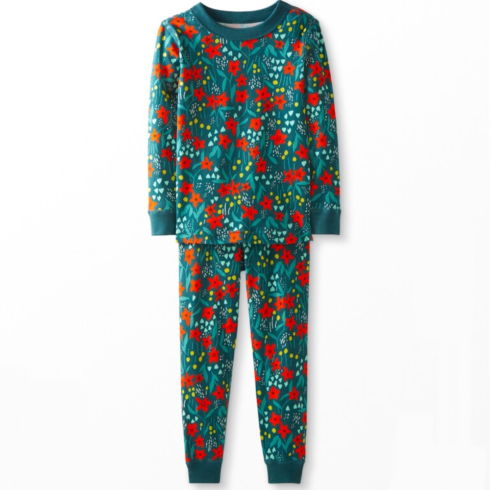 Hanna Andersson New NWT 140 10 Organic Long John Pajama Set Poinsettia Juniper